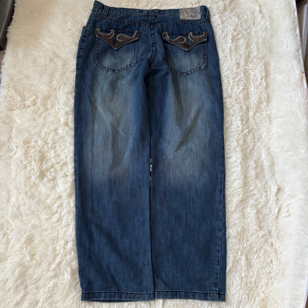 Southpole Premium Edition Baggy Wide Leg Jeans Mens 42 Blue Embroidered Y2K